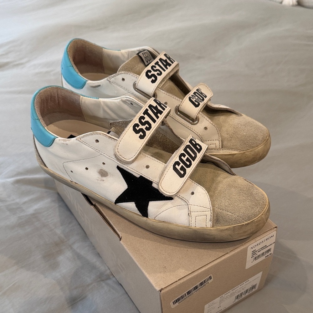 Golden Goose White Leather Sneakers with Black Star and Blue Heel